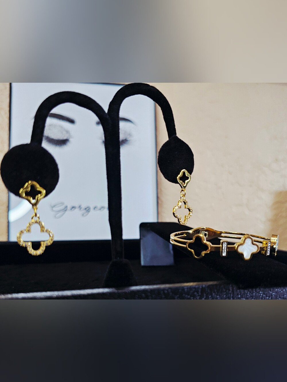 Gold Clover Drop Earrings and Clover Bracelet Set - Women's Jewelry